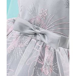 Babyhug Woven Sleeveless Party Frock with Ribbon Detailing & Floral Embroidery - Grey