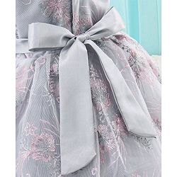 Babyhug Woven Sleeveless Party Frock with Ribbon Detailing & Floral Embroidery - Grey