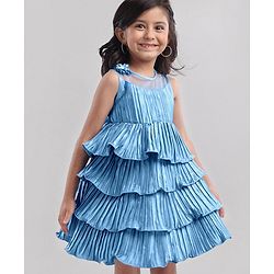 Babyhug Sleeveless Tiered Party Dress with Floral Corsage - Frozen Blue