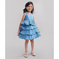 Babyhug Sleeveless Tiered Party Dress with Floral Corsage - Frozen Blue