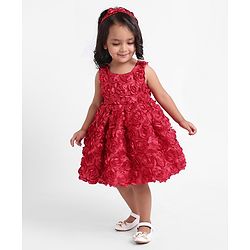 Babyhug Sleeveless 3D Applique Party Frock with Headband - Red