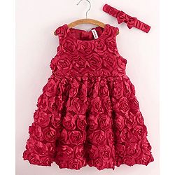 Babyhug Sleeveless 3D Applique Party Frock with Headband - Red