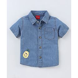 Babyhug Cotton Half Sleeves Washed Denim Shirt With Embroidered Badge- Blue