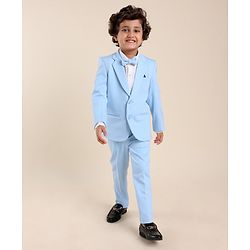 Babyhug Woven Full Sleeves Solid Stretch Fit Party Suit with Bow Tie - Sky Blue