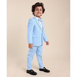 Babyhug Woven Full Sleeves Solid Stretch Fit Party Suit with Bow Tie - Sky Blue