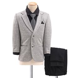 Babyhug Full Sleeves Four Way Stretch Fit Textured Party Suit With Blazer & Tie- Grey
