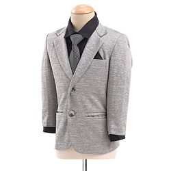 Babyhug Full Sleeves Four Way Stretch Fit Textured Party Suit With Blazer & Tie- Grey