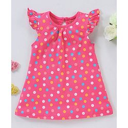 Babyhug Cotton Knit Frill Sleeves Knee Length Nighty Polka Dots Print - Pink
