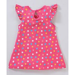 Babyhug Cotton Knit Frill Sleeves Knee Length Nighty Polka Dots Print - Pink
