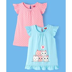 Babyhug Flutter Sleeves Nighty Kitten Print Pack of 2 - Blue