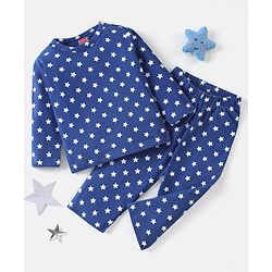 Babyhug Cotton Knit Full Sleeves Night Suit Star Printed - Navy Blue