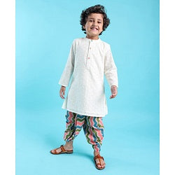 Babyhug 100% Cotton Woven Full Sleeves Schiffli Embroidered Kurta and Chevron Printed Dhoti Set - White