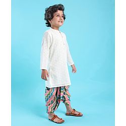 Babyhug 100% Cotton Woven Full Sleeves Schiffli Embroidered Kurta and Chevron Printed Dhoti Set - White
