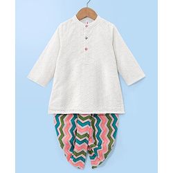 Babyhug 100% Cotton Woven Full Sleeves Schiffli Embroidered Kurta and Chevron Printed Dhoti Set - White