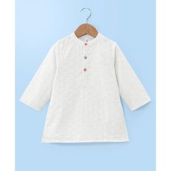 Babyhug 100% Cotton Woven Full Sleeves Schiffli Embroidered Kurta and Chevron Printed Dhoti Set - White