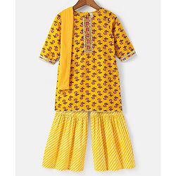Babyhug 100% Cambric Full Sleeve All Over Printed Kurti Palazoa With Solid Chiffon Dupatta Set- Yellow