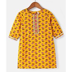 Babyhug 100% Cambric Full Sleeve All Over Printed Kurti Palazoa With Solid Chiffon Dupatta Set- Yellow