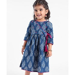 Babyhug 100% Cotton Woven Three Fourth Sleeves Ethnic Dress with Floral Print & Mirror Work - Indigo