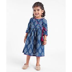Babyhug 100% Cotton Woven Three Fourth Sleeves Ethnic Dress with Floral Print & Mirror Work - Indigo