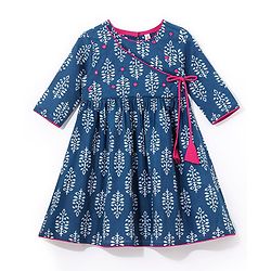 Babyhug 100% Cotton Woven Three Fourth Sleeves Ethnic Dress with Floral Print & Mirror Work - Indigo
