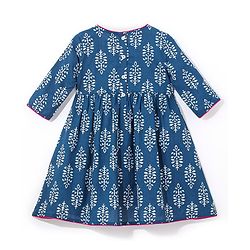 Babyhug 100% Cotton Woven Three Fourth Sleeves Ethnic Dress with Floral Print & Mirror Work - Indigo