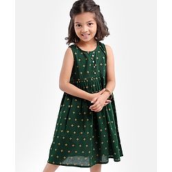 Babyhug 100% Cotton Sleeveless Ethnic Dress Foil Print- Green