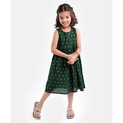 Babyhug 100% Cotton Sleeveless Ethnic Dress Foil Print- Green