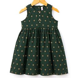 Babyhug 100% Cotton Sleeveless Ethnic Dress Foil Print- Green