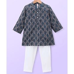 Babyhug 100% Cotton Woven Full Sleeves Kurta with Payjama Set Leaf Print - Grey