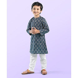 Babyhug 100% Cotton Woven Full Sleeves Kurta with Payjama Set Leaf Print - Grey