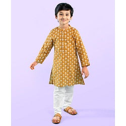 Babyhug 100% Cotton Woven Full Sleeves Kurta with Pyjama Set Floral Print - Mustard