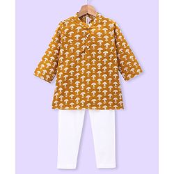 Babyhug 100% Cotton Woven Full Sleeves Kurta with Pyjama Set Floral Print - Mustard