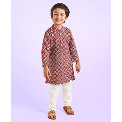 Babyhug 100% Cotton  Full Sleeves Dobby Printed Kurta With Payjama Set - Rust
