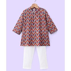 Babyhug 100% Cotton  Full Sleeves Dobby Printed Kurta With Payjama Set - Rust
