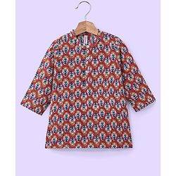 Babyhug 100% Cotton  Full Sleeves Dobby Printed Kurta With Payjama Set - Rust