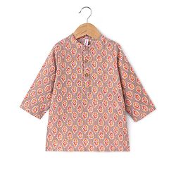 Babyhug 100% Cotton Full Sleeves Dobby Printed Kurta with Printed Dhoti Set - Beige