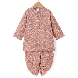 Babyhug 100% Cotton Full Sleeves Dobby Printed Kurta with Printed Dhoti Set - Beige