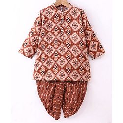 Babyhug 100% Cotton Woven Full Sleeves Kurta With Dhoti Diamond & Floral Print - Maroon