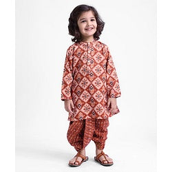 Babyhug 100% Cotton Woven Full Sleeves Kurta With Dhoti Diamond & Floral Print - Maroon