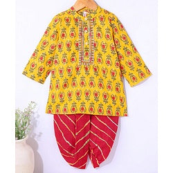 Babyhug 100% Cotton Woven Full Sleeves Floral Print Embroidered Kurta & Dhoti Set - Yellow