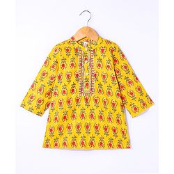 Babyhug 100% Cotton Woven Full Sleeves Floral Print Embroidered Kurta & Dhoti Set - Yellow