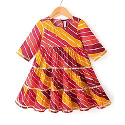 Babyhug Cotton Woven Three Fourth Sleeves Tiered Ethnic Dress  Leheriya Printed  - Yellow & Pink