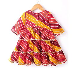 Babyhug Cotton Woven Three Fourth Sleeves Tiered Ethnic Dress  Leheriya Printed  - Yellow & Pink