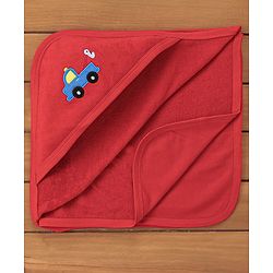Babyhug Knit Terry Embroidered Hooded Towel Vehicle Print - Red