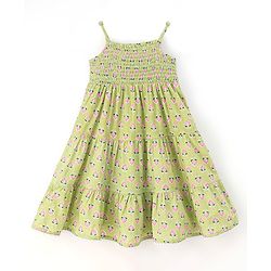 Babyhug 100% Cotton Sleeveless Smocked Tiered Ethnic Dress Floral Print- Green