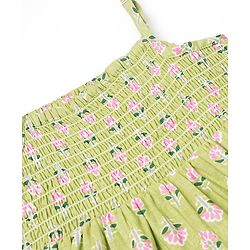 Babyhug 100% Cotton Sleeveless Smocked Tiered Ethnic Dress Floral Print- Green