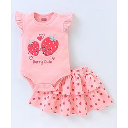 Babyhug 100% Cotton Short Sleeves Onesie with Skirt Strawberry Print - Pink
