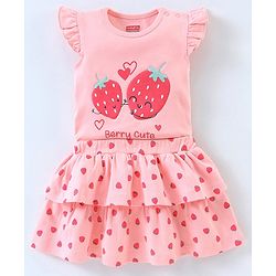 Babyhug 100% Cotton Short Sleeves Onesie with Skirt Strawberry Print - Pink