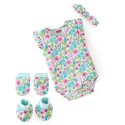 Babyhug 100% Cotton Sleeveless Floral Printed Onesies with Hairband and Mittens Booties - Multicolour