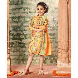 Babyhug 100% Cotton Woven Ethnic Dress with Full Sleeves Shrug Floral Print - Yellow